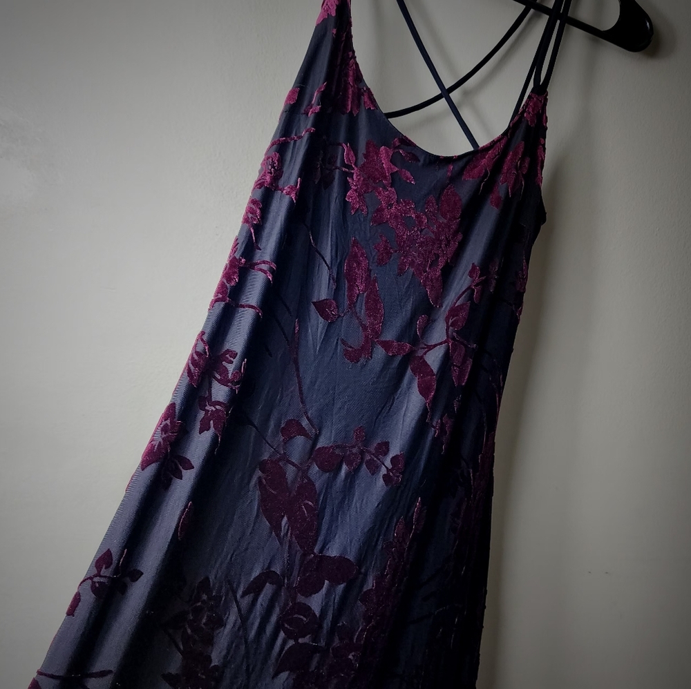 Vtg Sz 8 Formal Dress Floral Maxi Burnout Blk Burgandy Velour Whimsigoth Boho - Picture 11 of 16